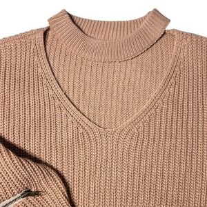 Material Girl Tan Ribbed Knit Choker V-Neck Sweater with Sleeve Zippers M/L